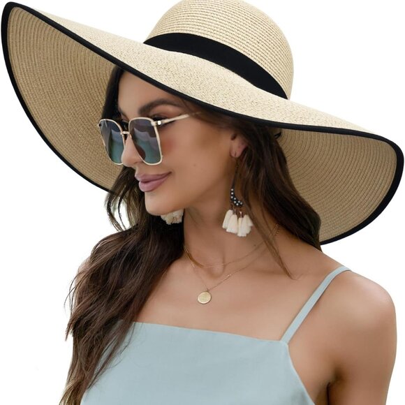 Accessories - Women Wide Brim Straw Sun Hat Floppy Beach Hat Foldable UV Protection Travel